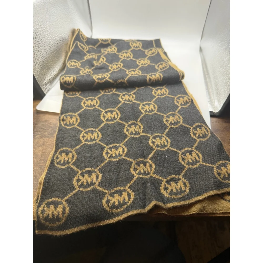 Women's Michael Kors Gray Brown Logo Knit Scarf One Size